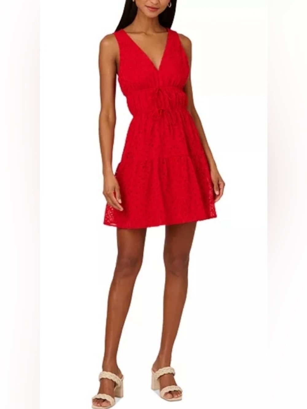 Adrianna Papell Red Sleeveless Eyelet V‑Neck Mini Dress